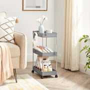 Grey 3-Tier Plastic Storage Trolley with Hooks Songmics