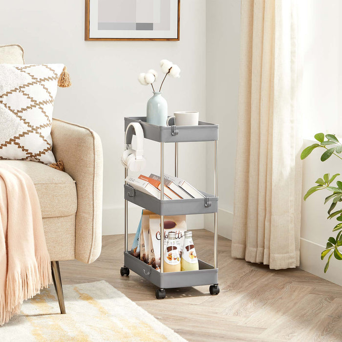 Grey 3-Tier Plastic Storage Trolley with Hooks