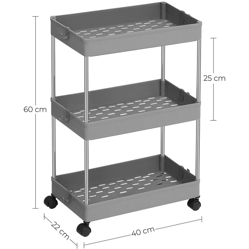 Grey 3-Tier Plastic Storage Trolley with Hooks Songmics