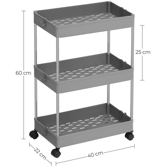 Grey 3-Tier Plastic Storage Trolley with Hooks