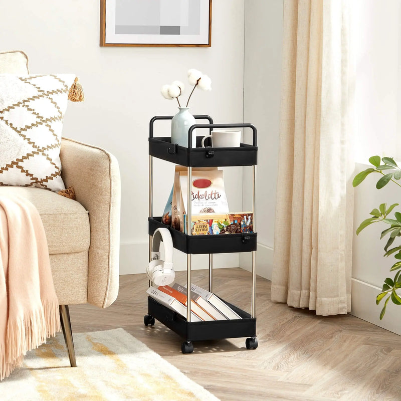 Plastic Storage Trolley on Wheels, 3-Tier, Black SONGMICS