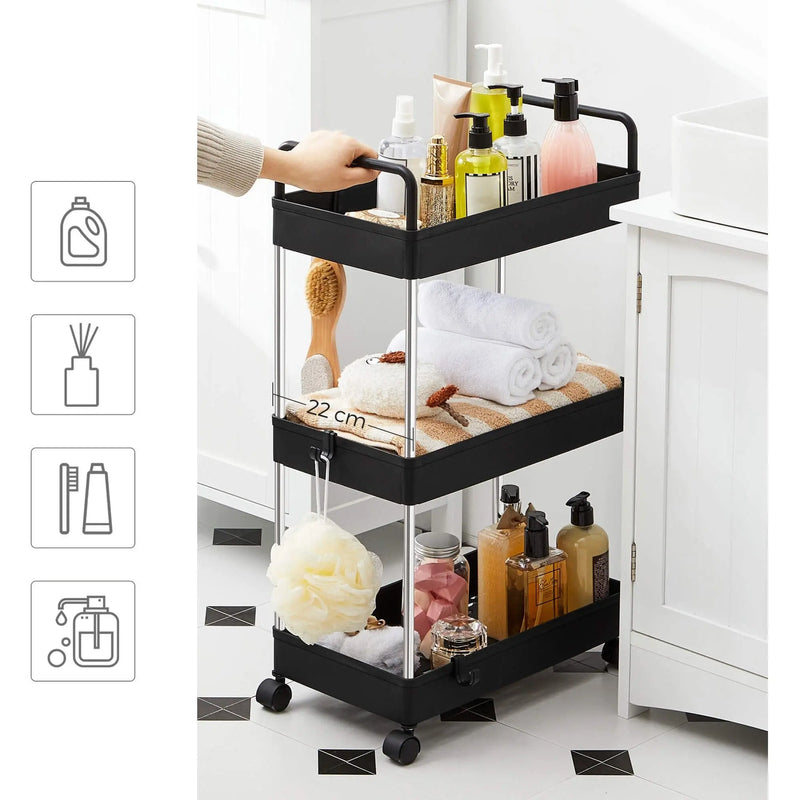 Plastic Storage Trolley on Wheels, 3-Tier, Black SONGMICS
