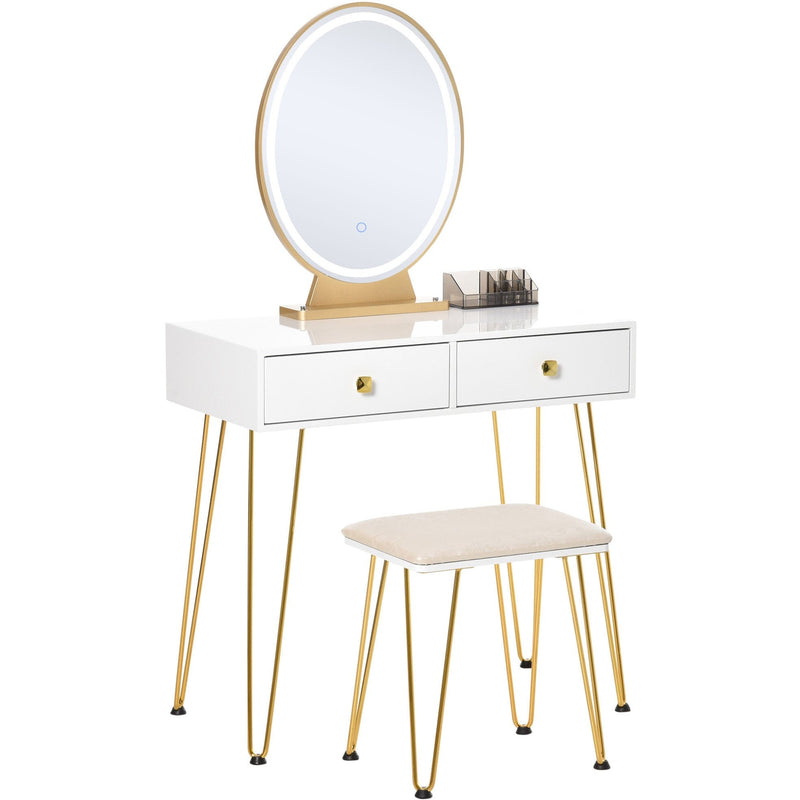 Dressing Table Set, LED, Round Mirror, White