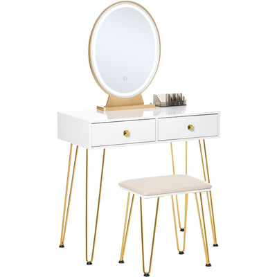 Dressing Table Set, LED, Round Mirror, White Homcom