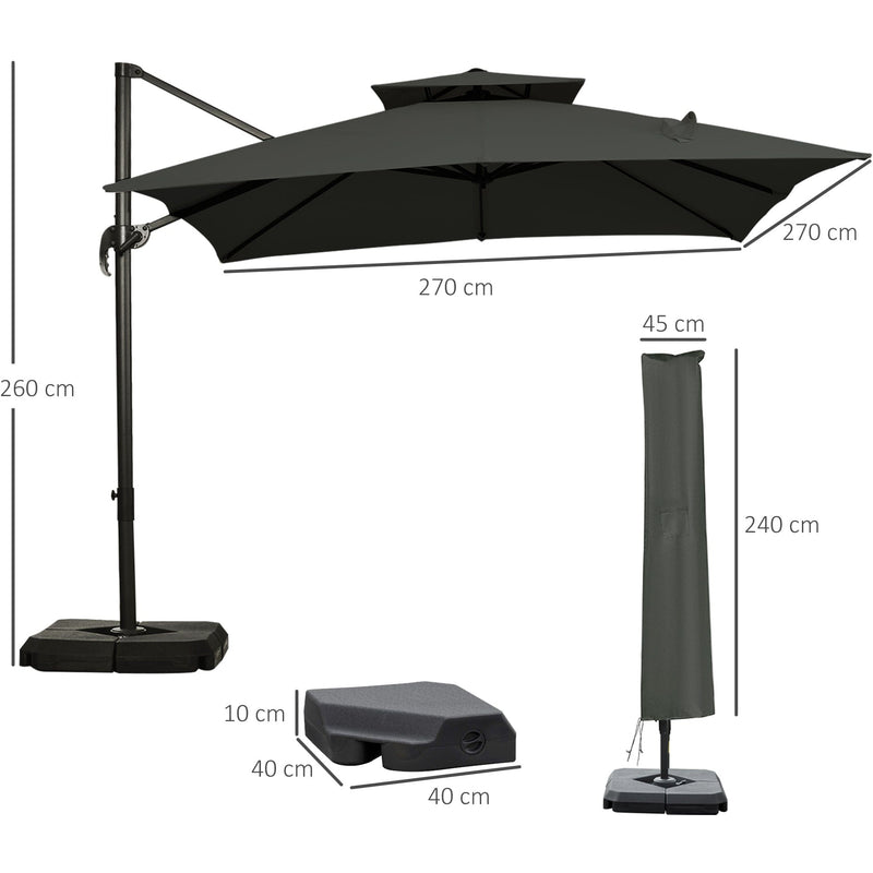 Roma 3m Square Cantilever Parasol With Base, Grey Outsunny