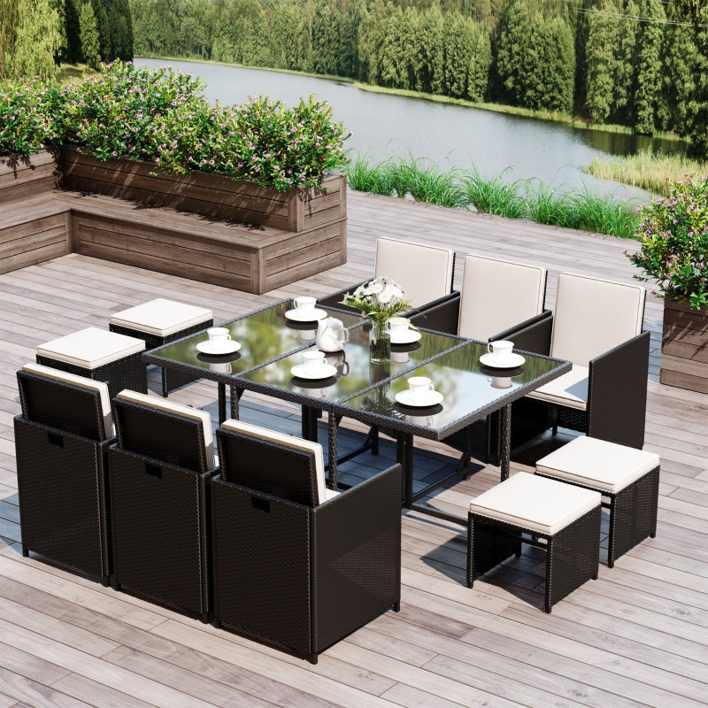 10 Seater Outdoor Dining Set with Stools & Table, Black Rattan