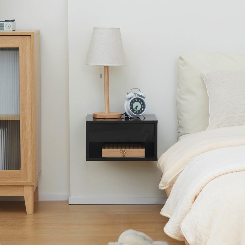 Wall-Mounted Bedside Table, Gloss Black, 37x32x21cm (Set of 2) Homcom