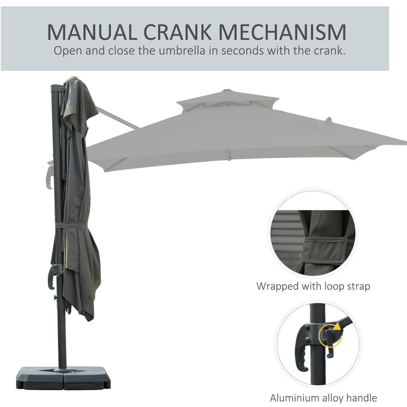Roma 3m Square Cantilever Parasol With Base, Grey Outsunny