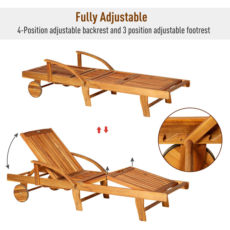 Outsunny Outdoor Garden Patio Wooden Sun Lounger Foldable Recliner Deck Chair Day Bed Furniture with Wheels Outsunny