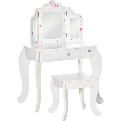 Kids Dressing Table and Stool Set with Mirror, White Homcom