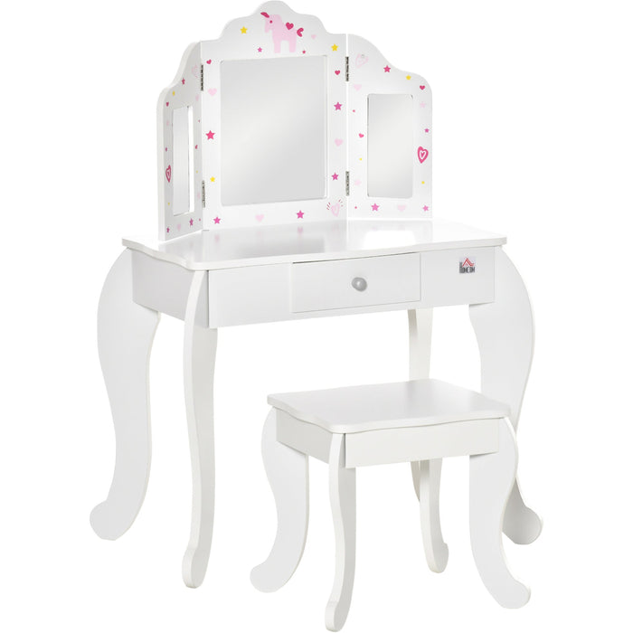 Kids Dressing Table and Stool Set with Mirror, White