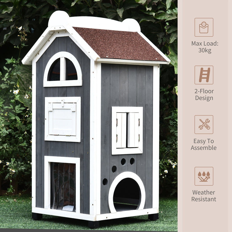 Wooden Cat Shelter, 2 Floors - Grey & White
