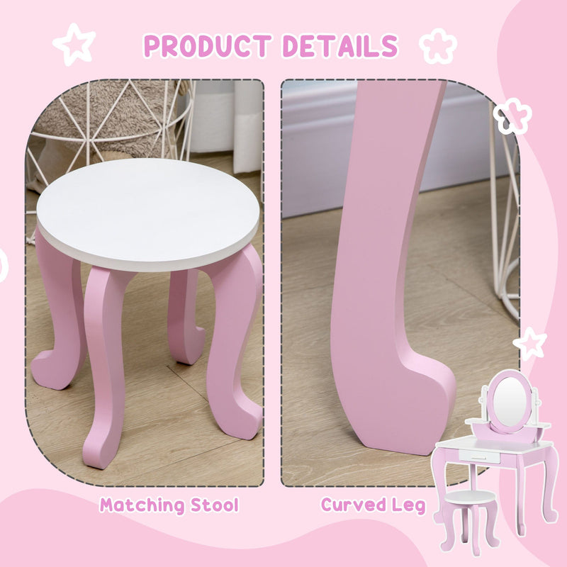 Pink Kids Vanity: Dressing Table, Mirror, Stool, Round Legs