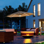Image of a brown cantilever parasol with solar lights