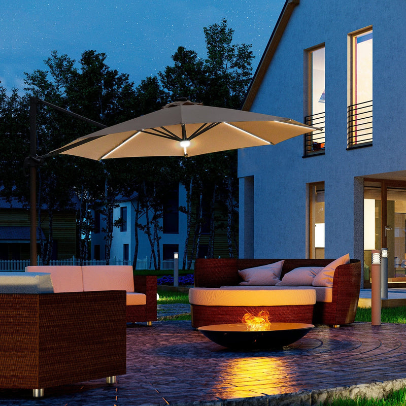 Image of a brown cantilever parasol with solar lights