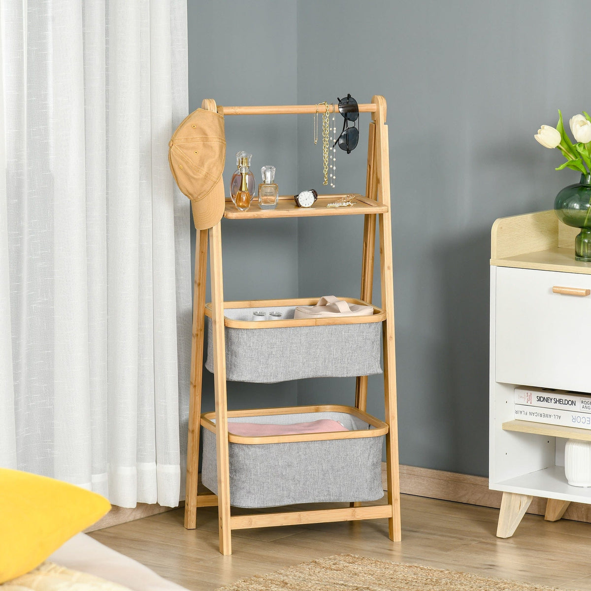 Buy Bathroom Ladder Shelf, Grey Baskets, Foldable, 3Tier — Opal Retail