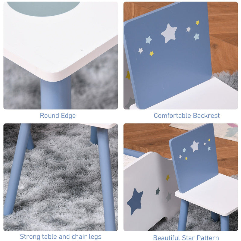 Kids Table and Chairs Set 3 Pieces 1 Table 2 Chairs Toddler Wooden Multi-usage Easy Assembly Star Image Ornament Blue and White