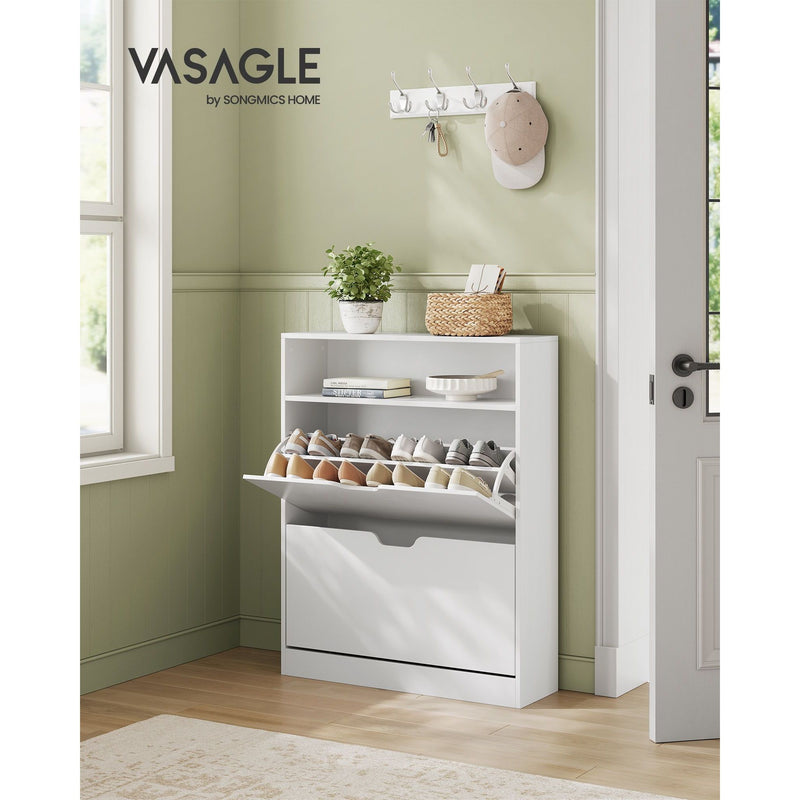 Vasagle 3 Tier Slim White Shoe Cabinet With 2 Flip down Doors For Entryway or Hallway