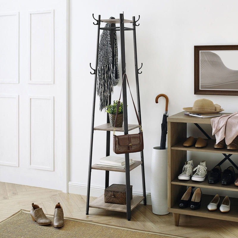 Entryway Coat Stand With Shelves by Vasagle - black steel frame with greige wooden shelves