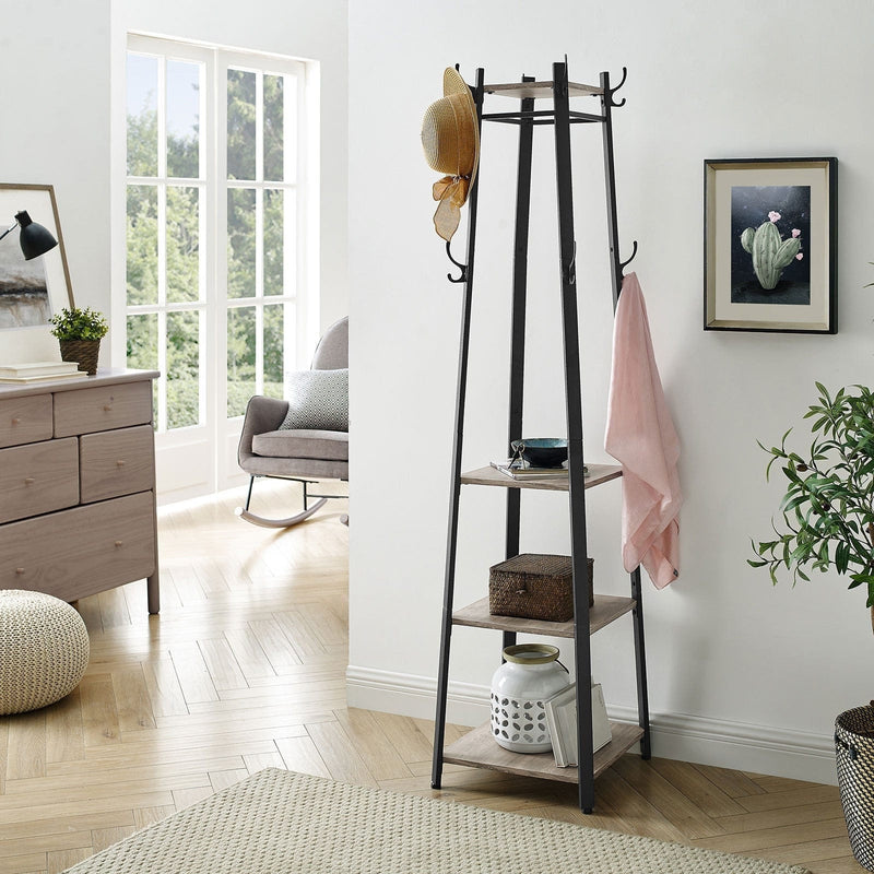 Entryway Coat Stand With Shelves by Vasagle - black steel frame with greige wooden shelves