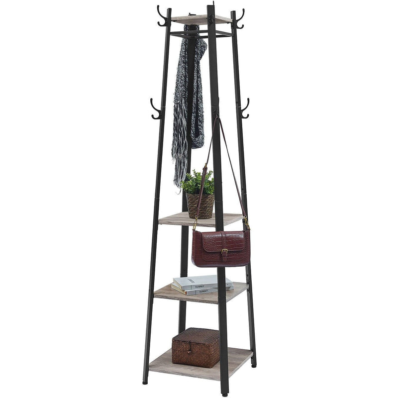 Entryway Coat Stand With Shelves by Vasagle - black steel frame with greige wooden shelves