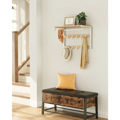 Vasagle Wall Mounted Coat Hooks With Shelf White Metal Frame With Oak Shelf, 10 Hooks and a hanging rail