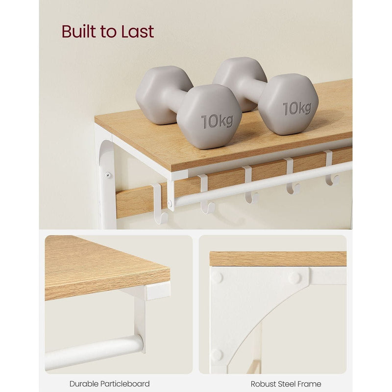 Vasagle Wall Mounted Coat Hooks With Shelf White Metal Frame With Oak Shelf, 10 Hooks and a hanging rail