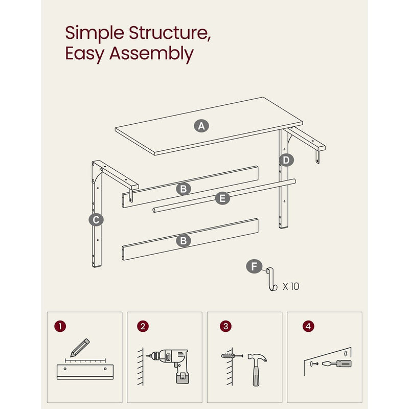 Vasagle Wall Mounted Coat Hooks With Shelf White Metal Frame With Oak Shelf, 10 Hooks and a hanging rail