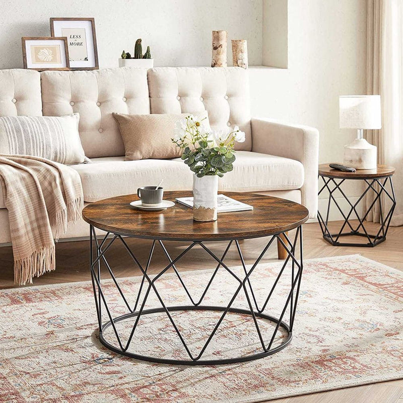 Vasagle Round Industrial Coffee Table With Geometric Storage Base - Perfect For Smaller Living Rooms