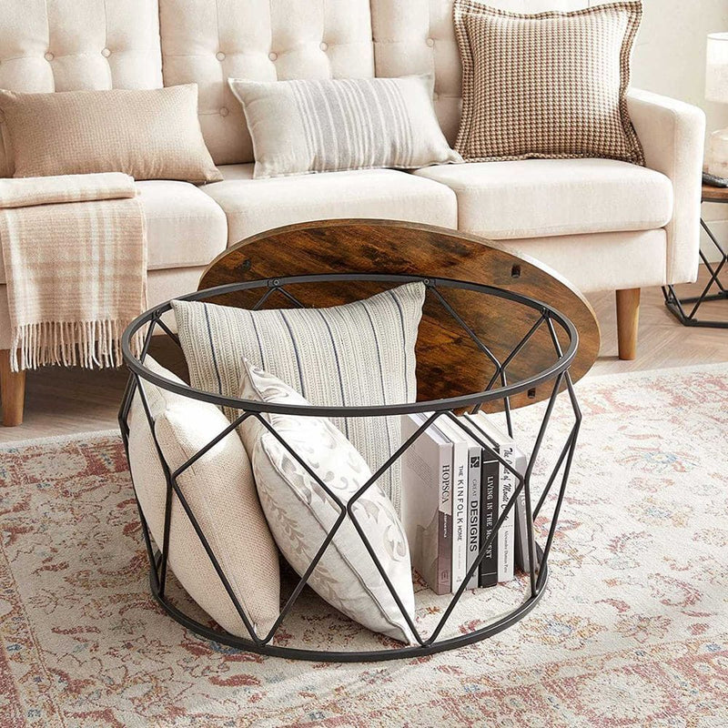 Vasagle Round Industrial Coffee Table With Geometric Storage Base - Perfect For Smaller Living Rooms