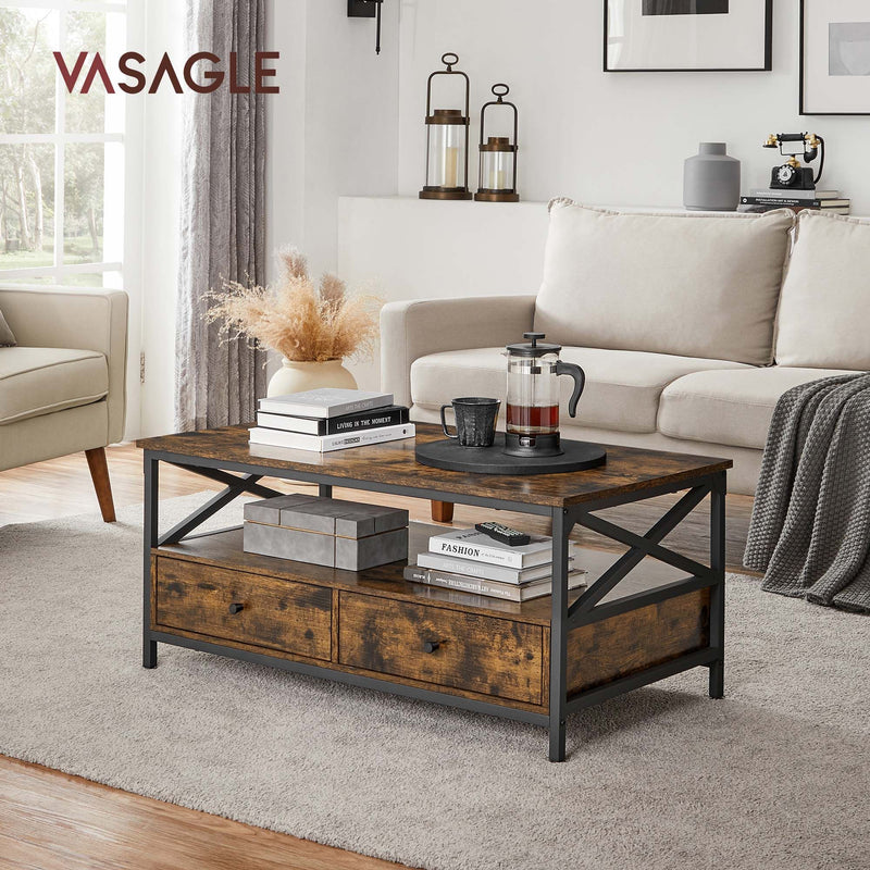 Vasagle Industrial Coffee Table With Drawers - Stylish rectangular shape with black steel legs and frame
