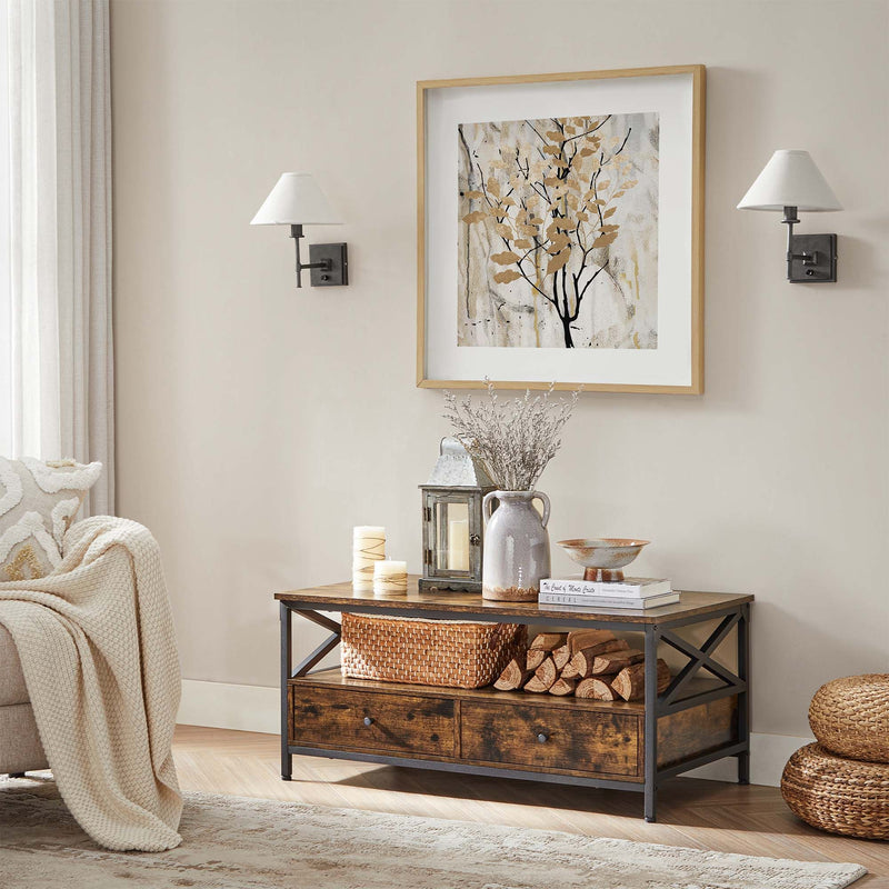 Vasagle Industrial Coffee Table With Drawers - Stylish rectangular shape with black steel legs and frame