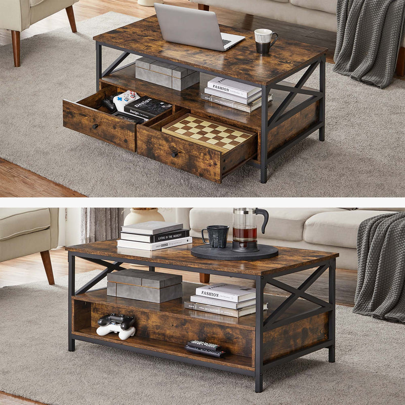 Vasagle Industrial Coffee Table With Drawers - Stylish rectangular shape with black steel legs and frame