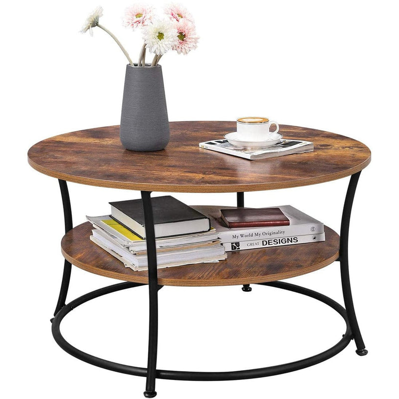 Round Wooden Cocktail Table With Shelf by Vasagle - black steel frame with rustic brown wooden tabletop