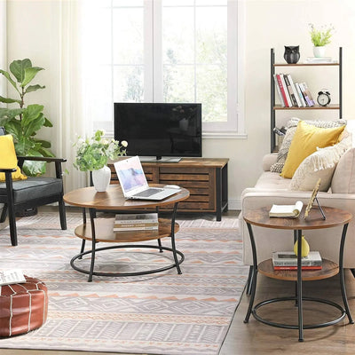 Round Wooden Cocktail Table With Shelf by Vasagle - black steel frame with rustic brown wooden tabletop