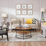 Round Wooden Cocktail Table With Shelf by Vasagle - black steel frame with rustic brown wooden tabletop