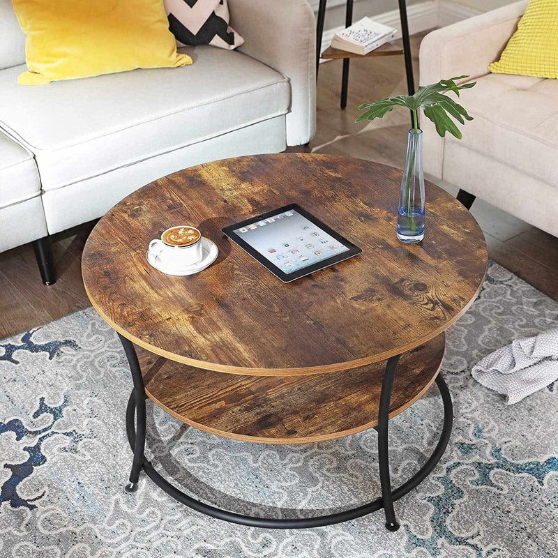Round Wooden Cocktail Table With Shelf by Vasagle - black steel frame with rustic brown wooden tabletop