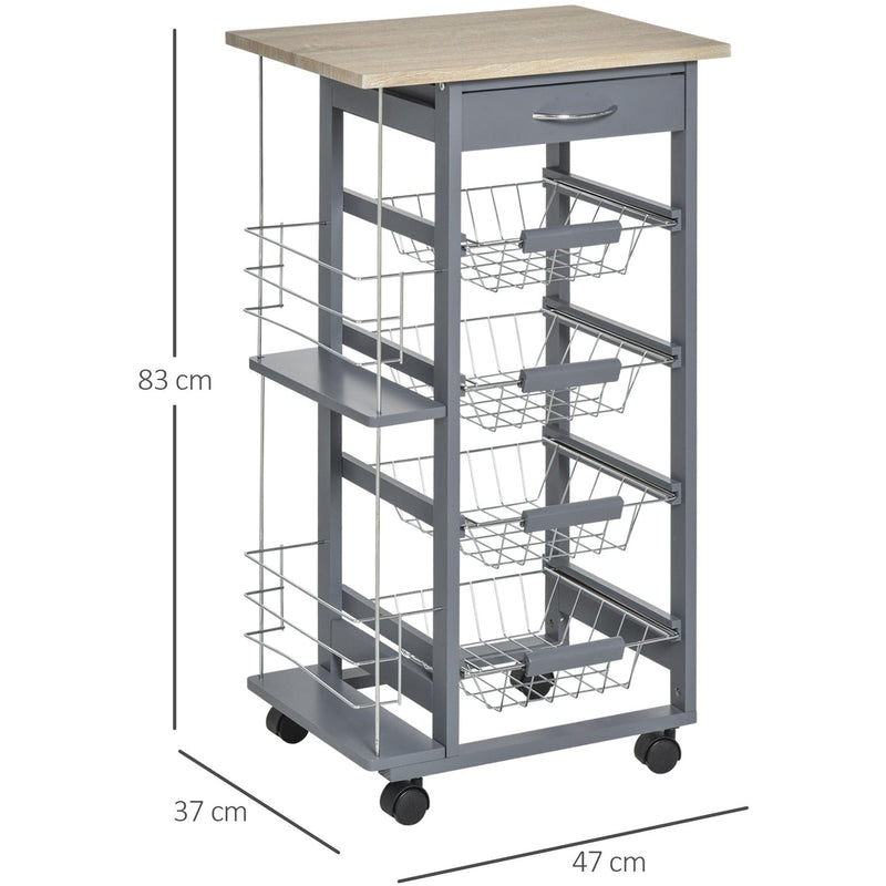 Kitchen Island on Wheels, 4 Baskets, 2 Racks
