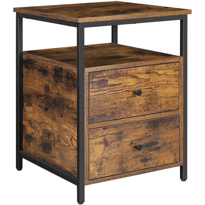 Vasagle Industrial Beside Table With Drawers & Open Shelf - Black metal frame and rustic brown drawers and top