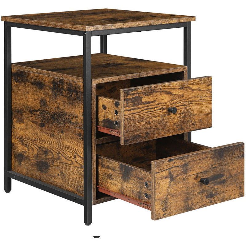 Vasagle Industrial Beside Table With Drawers & Open Shelf - Black metal frame and rustic brown drawers and top
