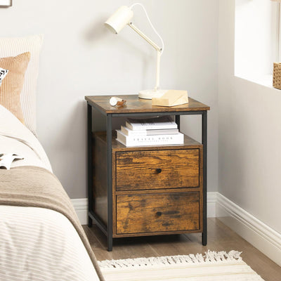 Vasagle Industrial Beside Table With Drawers & Open Shelf - Black metal frame and rustic brown drawers and top