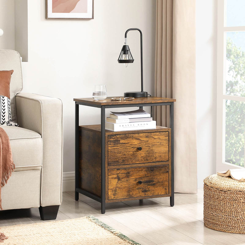 Vasagle Industrial Beside Table With Drawers & Open Shelf - Black metal frame and rustic brown drawers and top