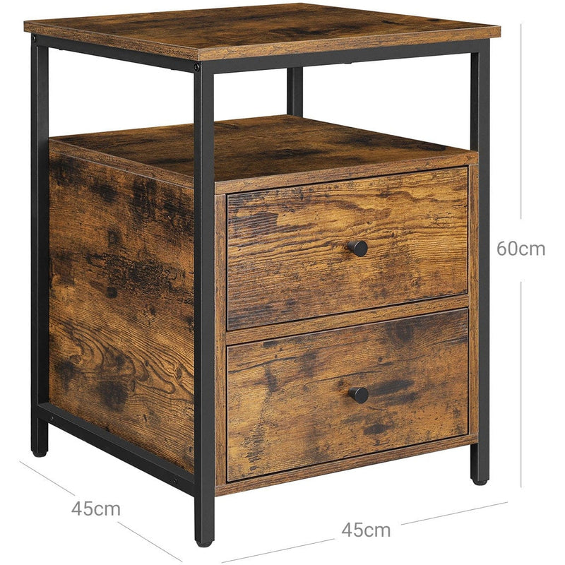 Vasagle Industrial Beside Table With Drawers & Open Shelf - Black metal frame and rustic brown drawers and top