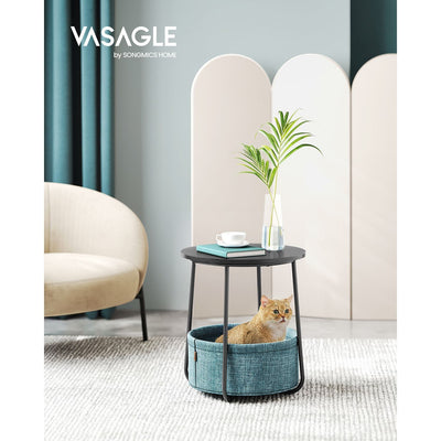 Vasagle Round Side Table With Basket, Black/Turquoise