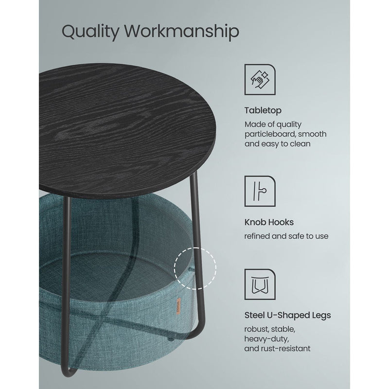 Vasagle Round Side Table With Basket, Black/Turquoise