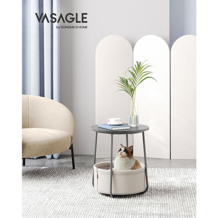 Vasagle Round Side Table With Basket, Grey/White