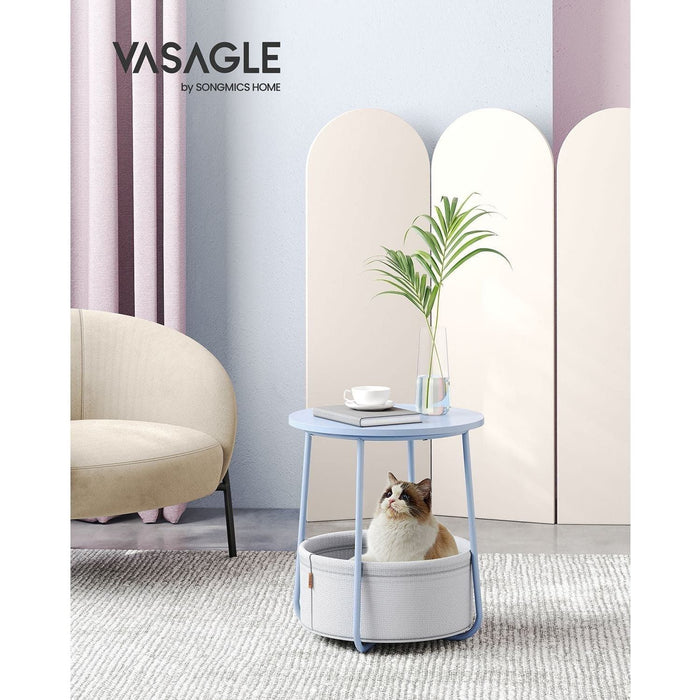 Vasagle Round Side Table With Basket, Powder Blue/Pastel Blue