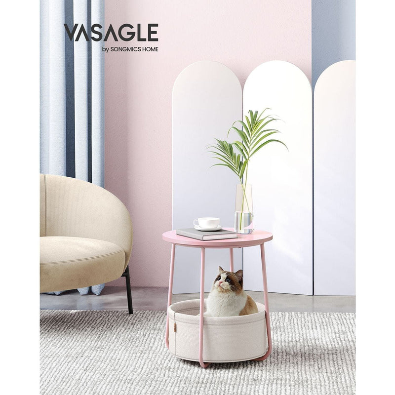 Vasagle Round Side Table With Basket, Pink/White