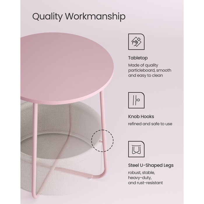 Vasagle Round Side Table With Basket, Pink/White