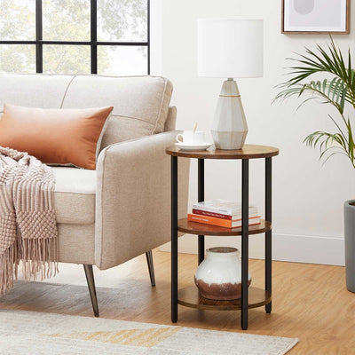 Vasagle Round Side Table With Shelves, Rustic Brown